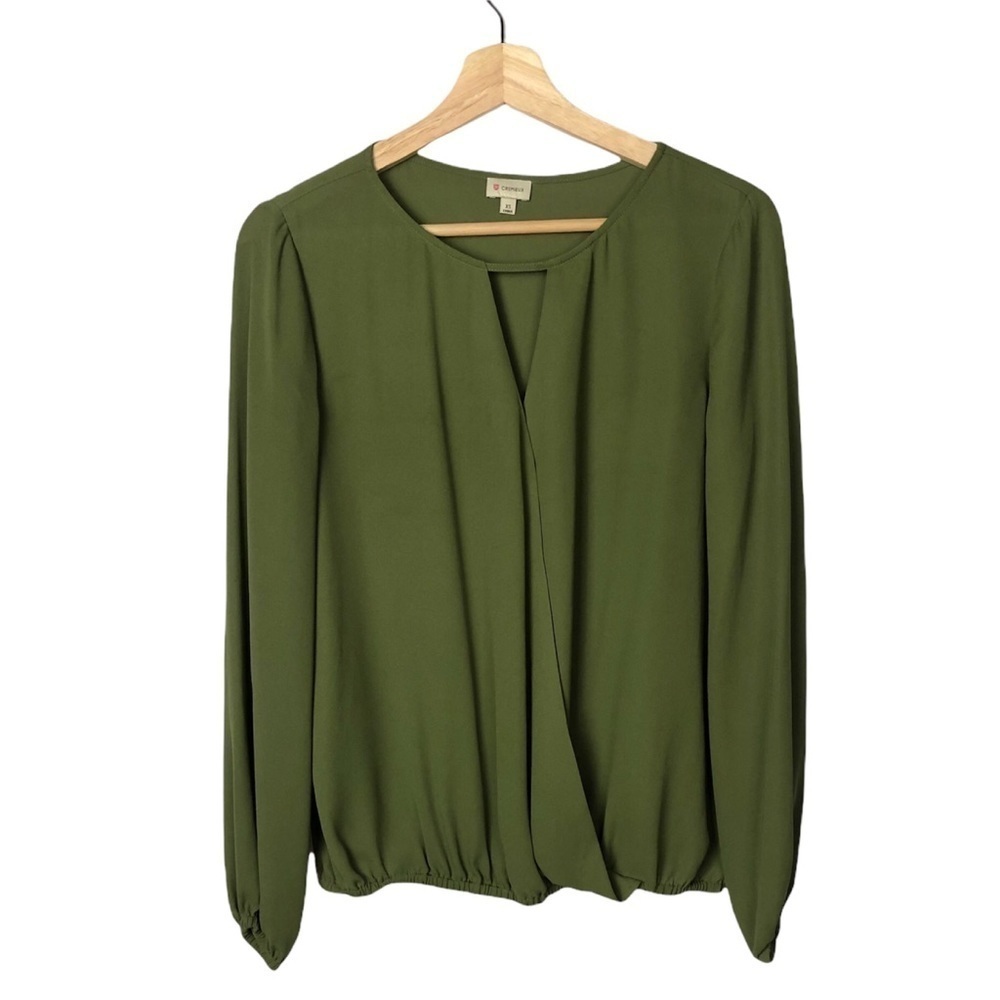 Cremieux Olive Green Faux Wrap Surplice Long Sleeve Blouse XS
